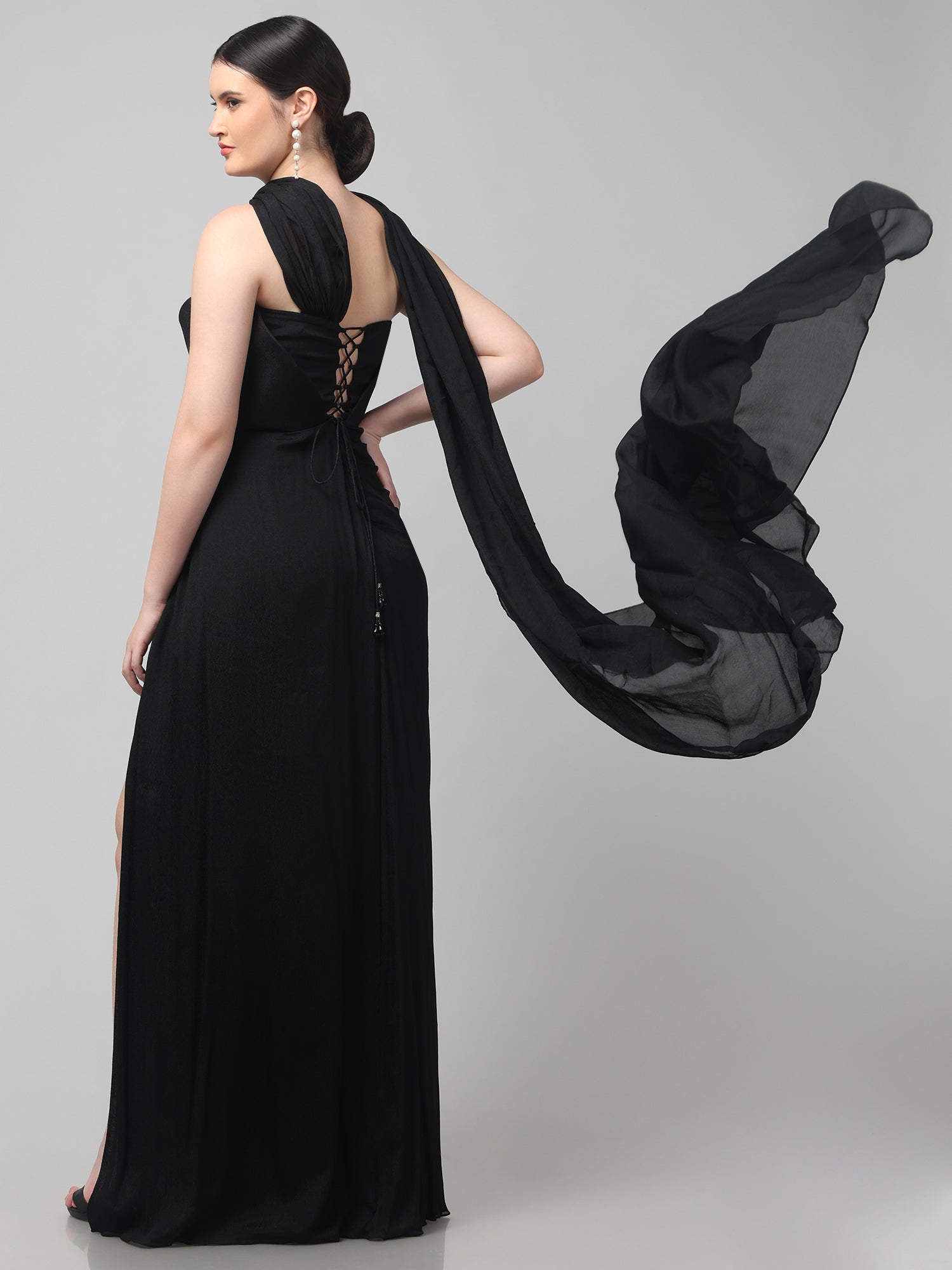 Black Embellished Strapless Saree Gown with Drape Detail