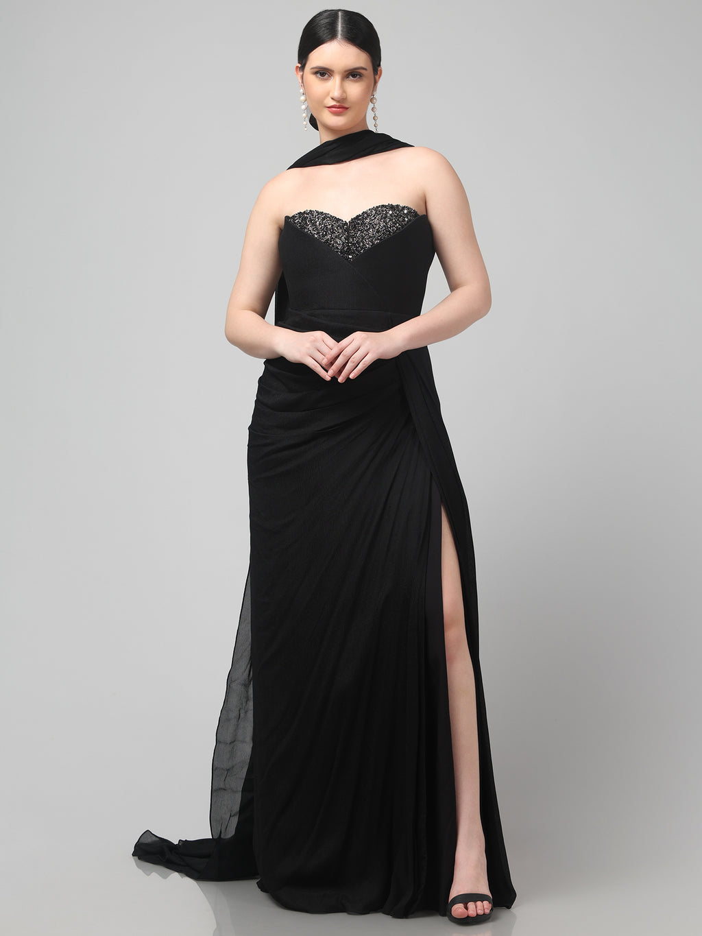 Black Embellished Strapless Saree Gown with Drape Detail