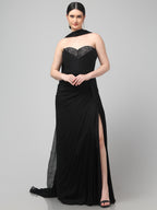 Black Embellished Strapless Saree Gown with Drape Detail