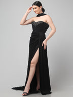 Black Embellished Strapless Saree Gown with Drape Detail
