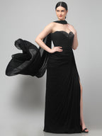 Black Embellished Strapless Saree Gown with Drape Detail