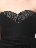 Black Embellished Strapless Saree Gown with Drape Detail