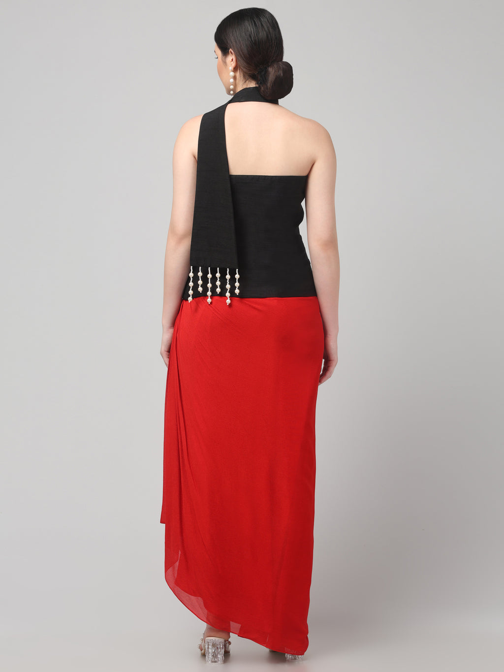 Black Embroidered Asymmetric Top with Draped Red Skirt