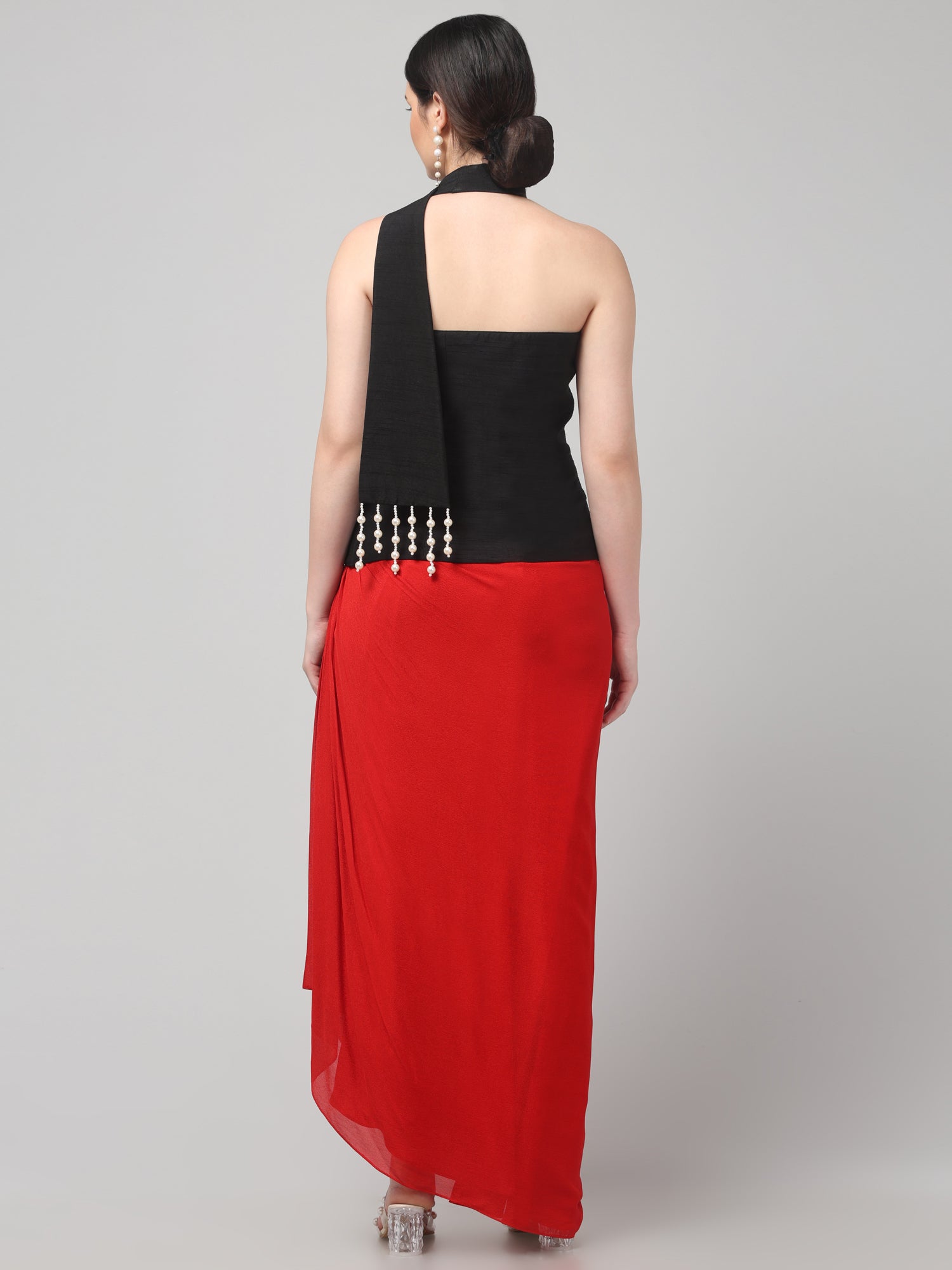 Black Embroidered Asymmetric Top with Draped Red Skirt