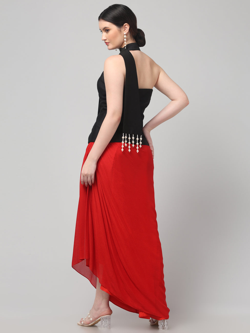 Black Embroidered Asymmetric Top with Draped Red Skirt