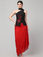 Black Embroidered Asymmetric Top with Draped Red Skirt