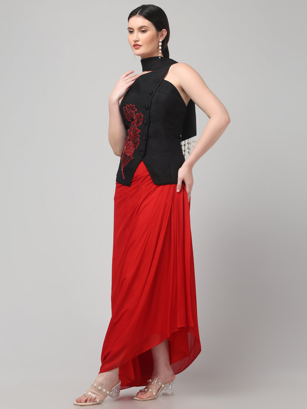 Black Embroidered Asymmetric Top with Draped Red Skirt