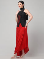 Black Embroidered Asymmetric Top with Draped Red Skirt