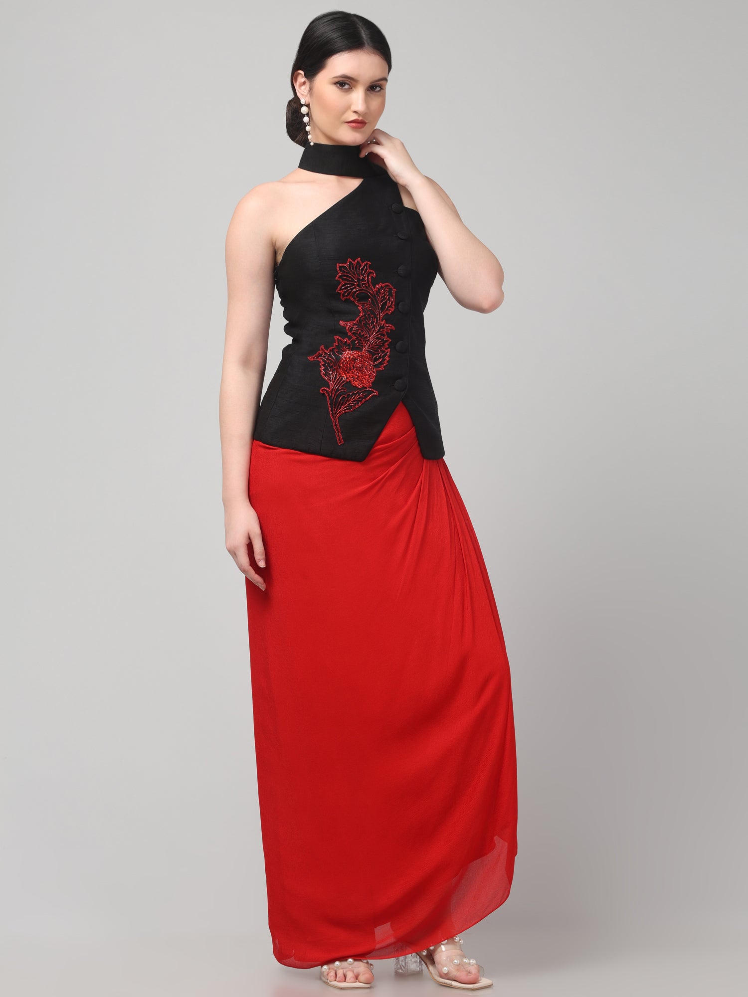 Black Embroidered Asymmetric Top with Draped Red Skirt