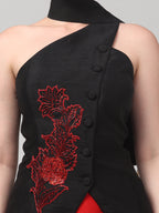 Black Embroidered Asymmetric Top with Draped Red Skirt