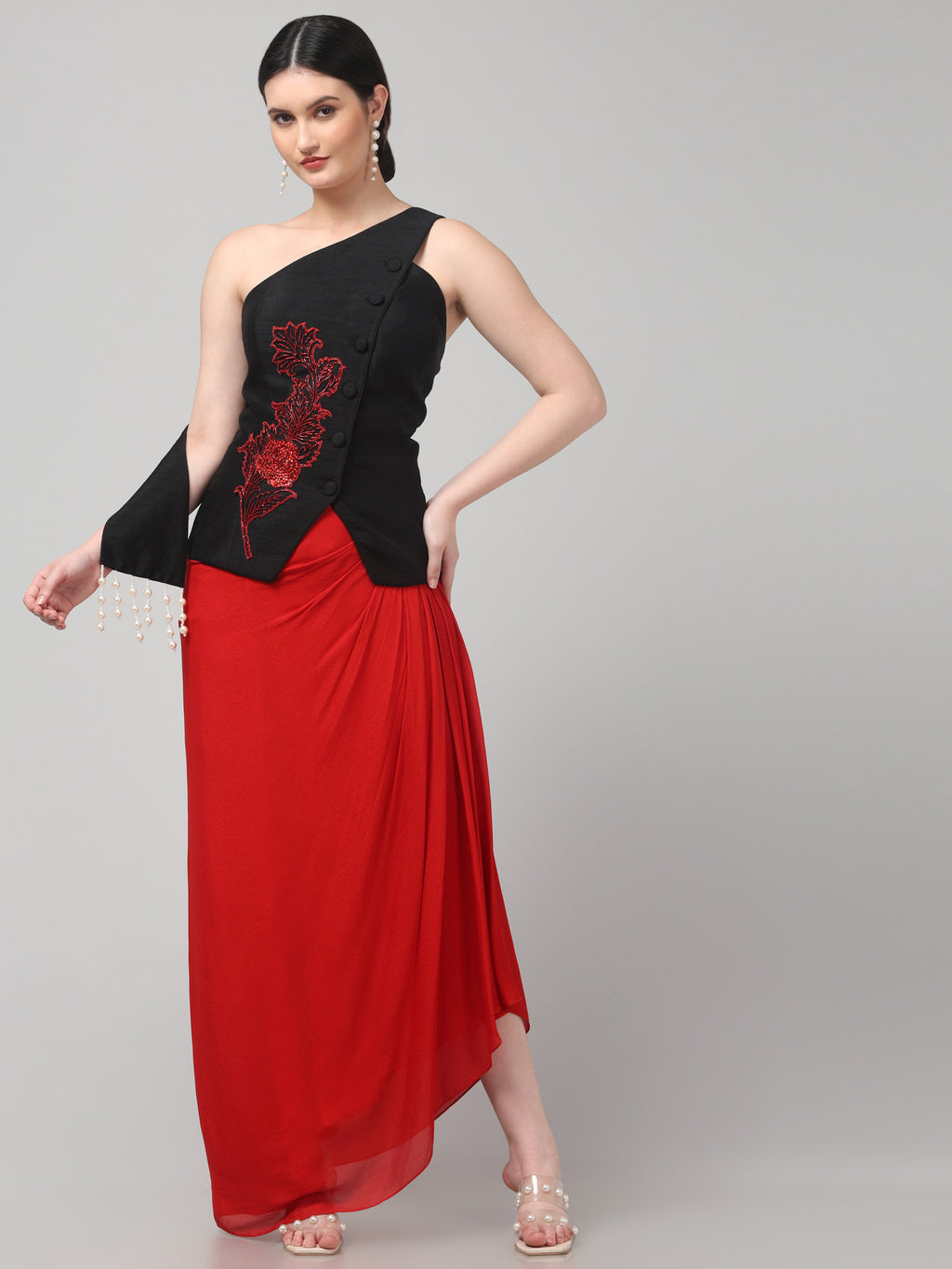 Black Embroidered Asymmetric Top with Draped Red Skirt