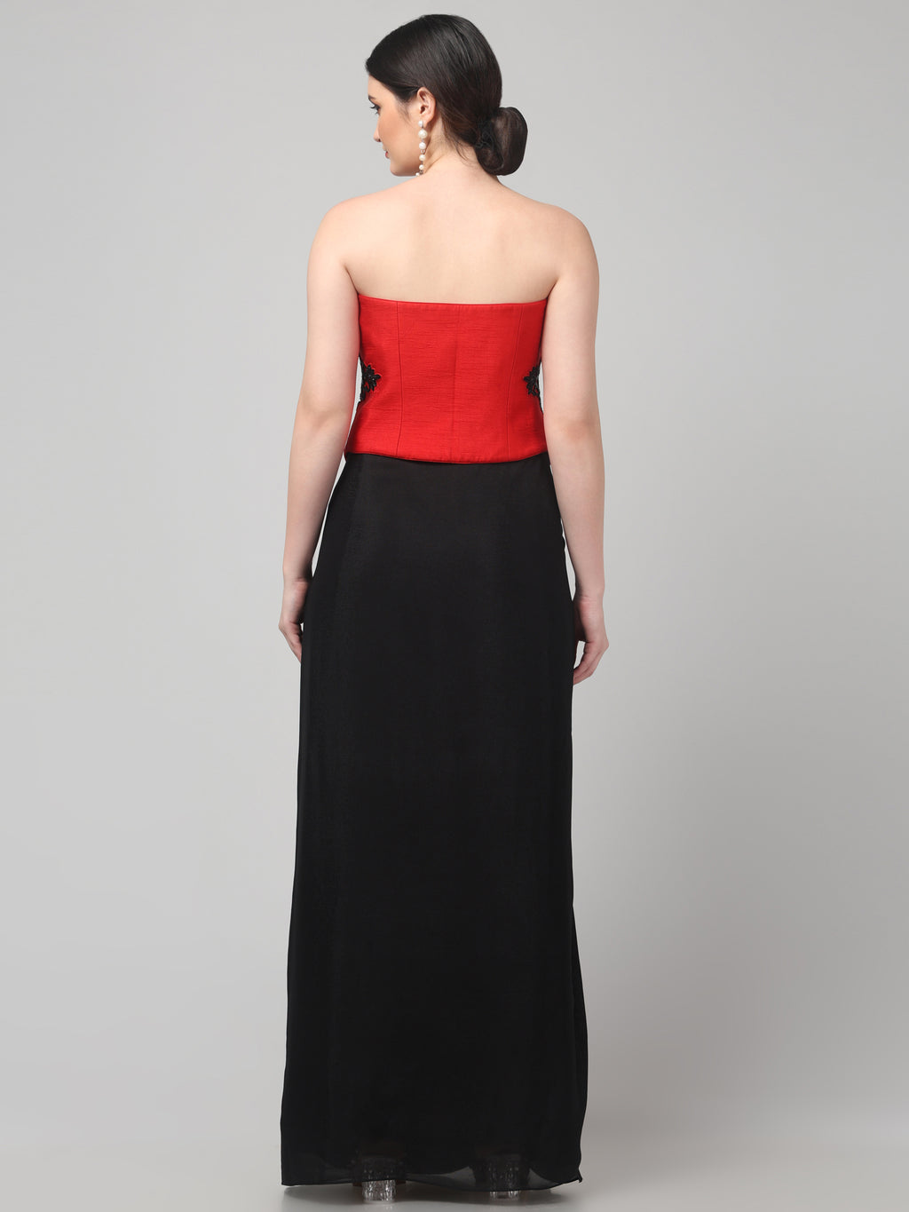 Red Embroidered Top with Draped Black Skirt