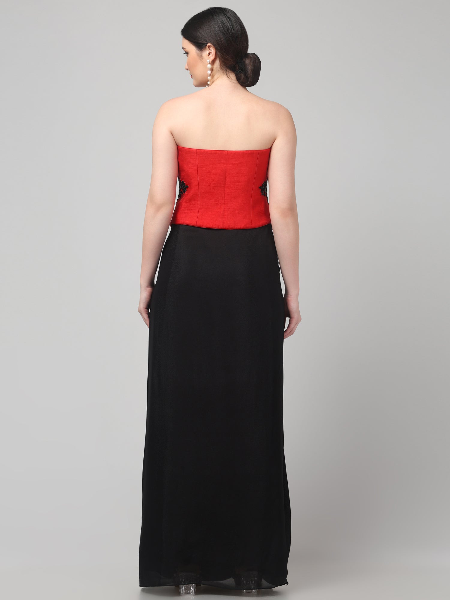 Red Embroidered Top with Draped Black Skirt