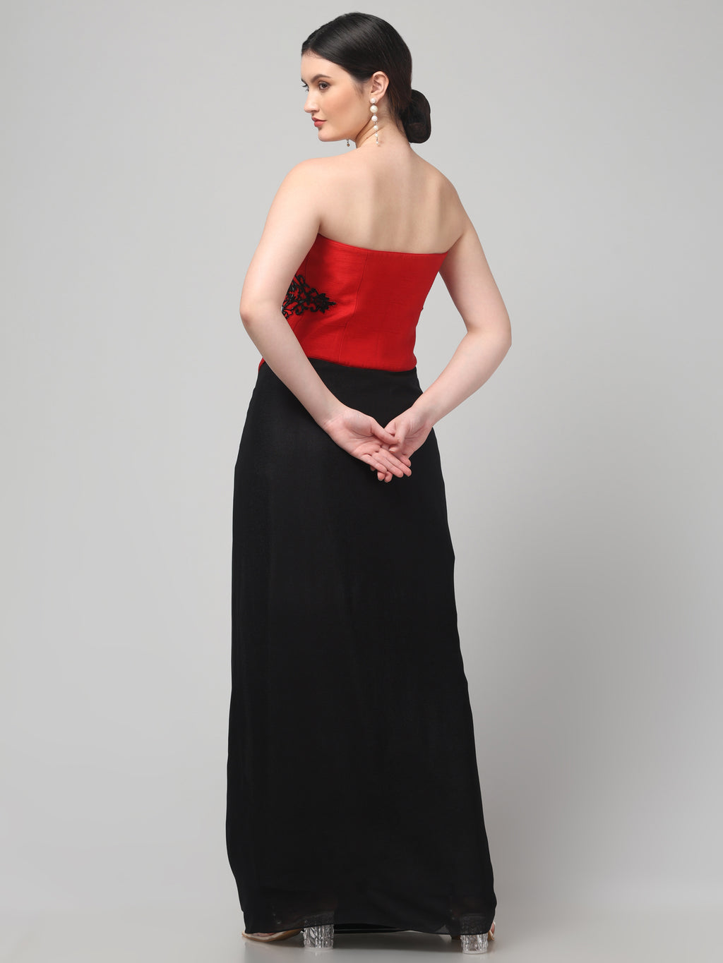 Red Embroidered Top with Draped Black Skirt