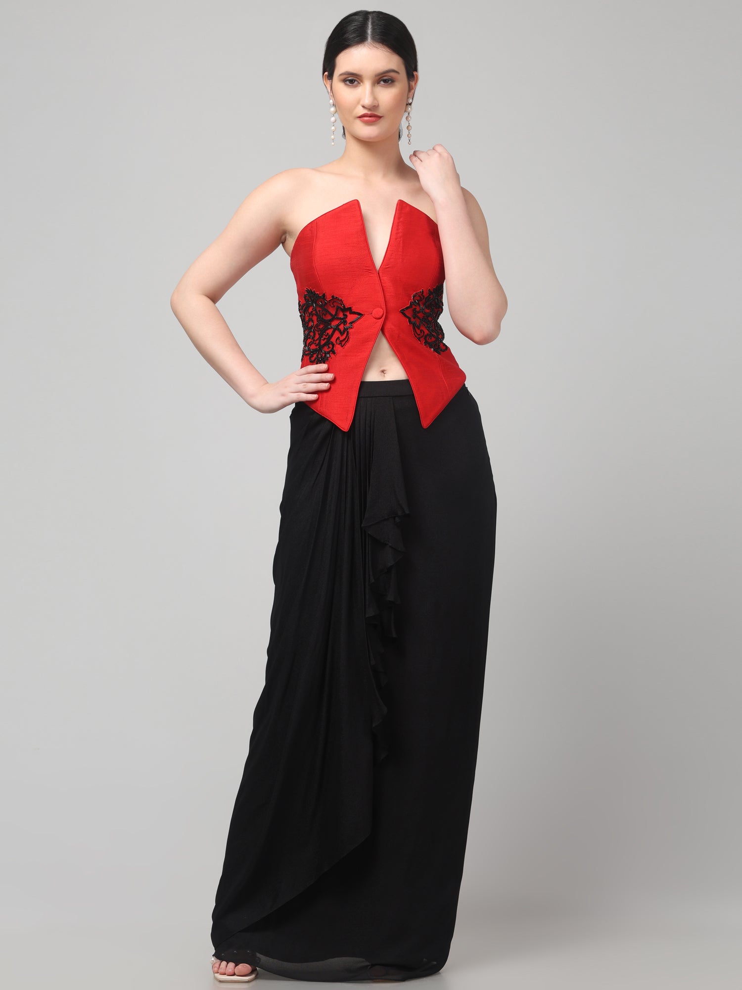 Red Embroidered Top with Draped Black Skirt