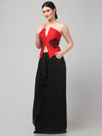 Red Embroidered Top with Draped Black Skirt