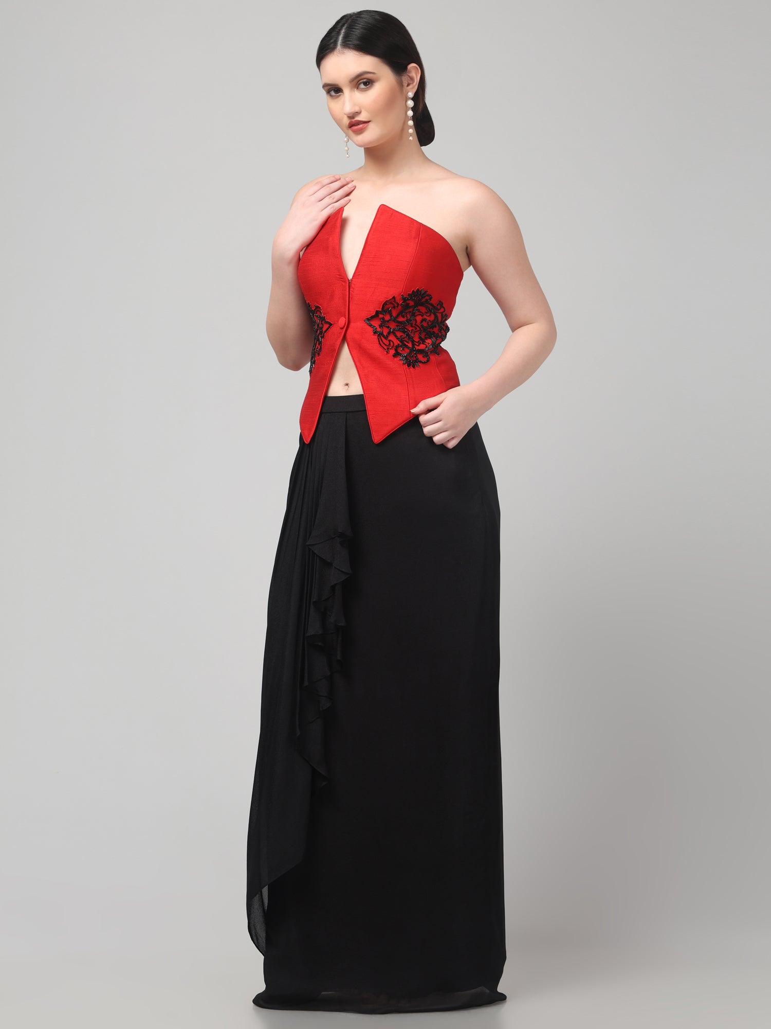 Red Embroidered Top with Draped Black Skirt