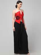 Red Embroidered Top with Draped Black Skirt