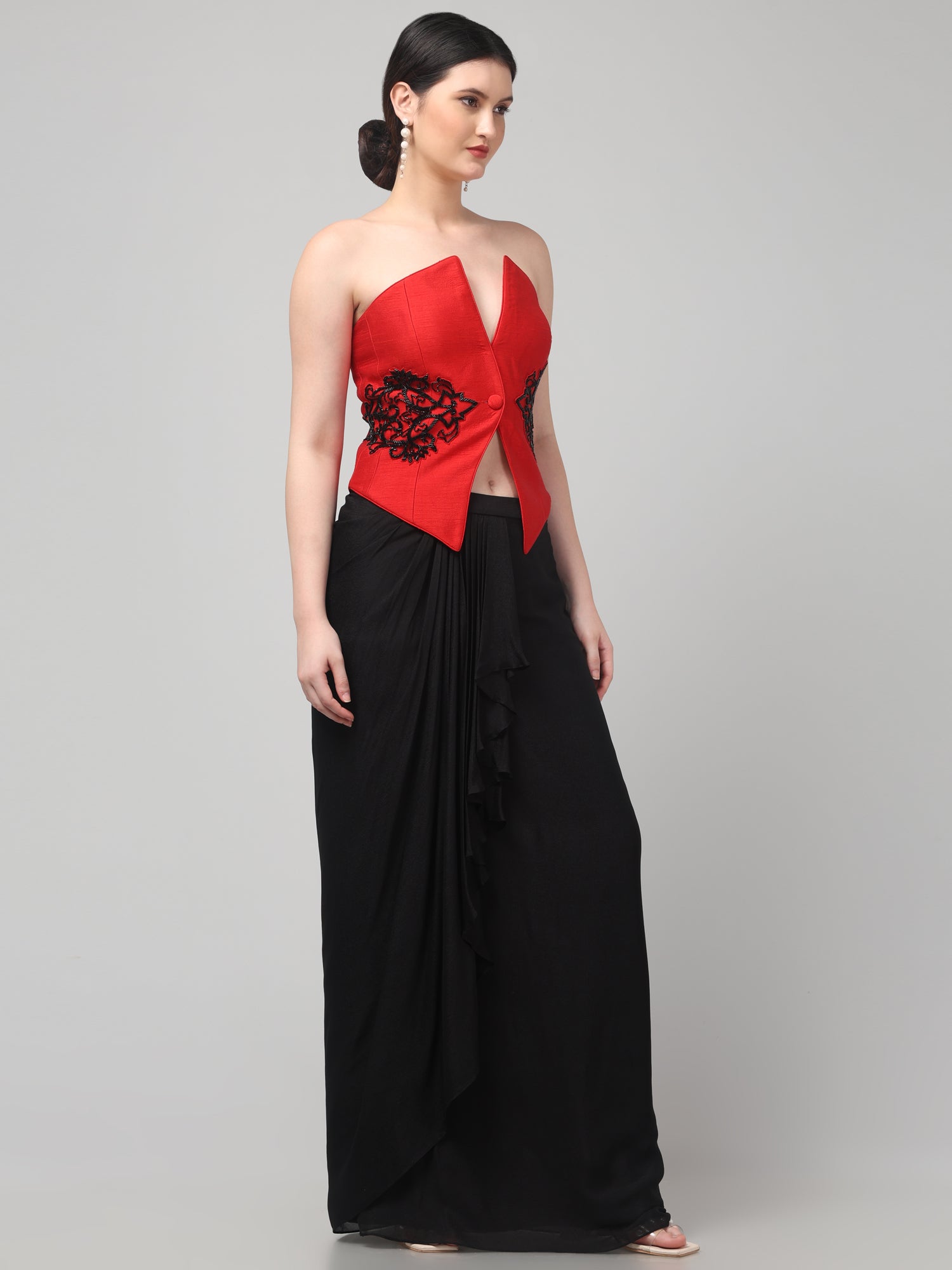Red Embroidered Top with Draped Black Skirt