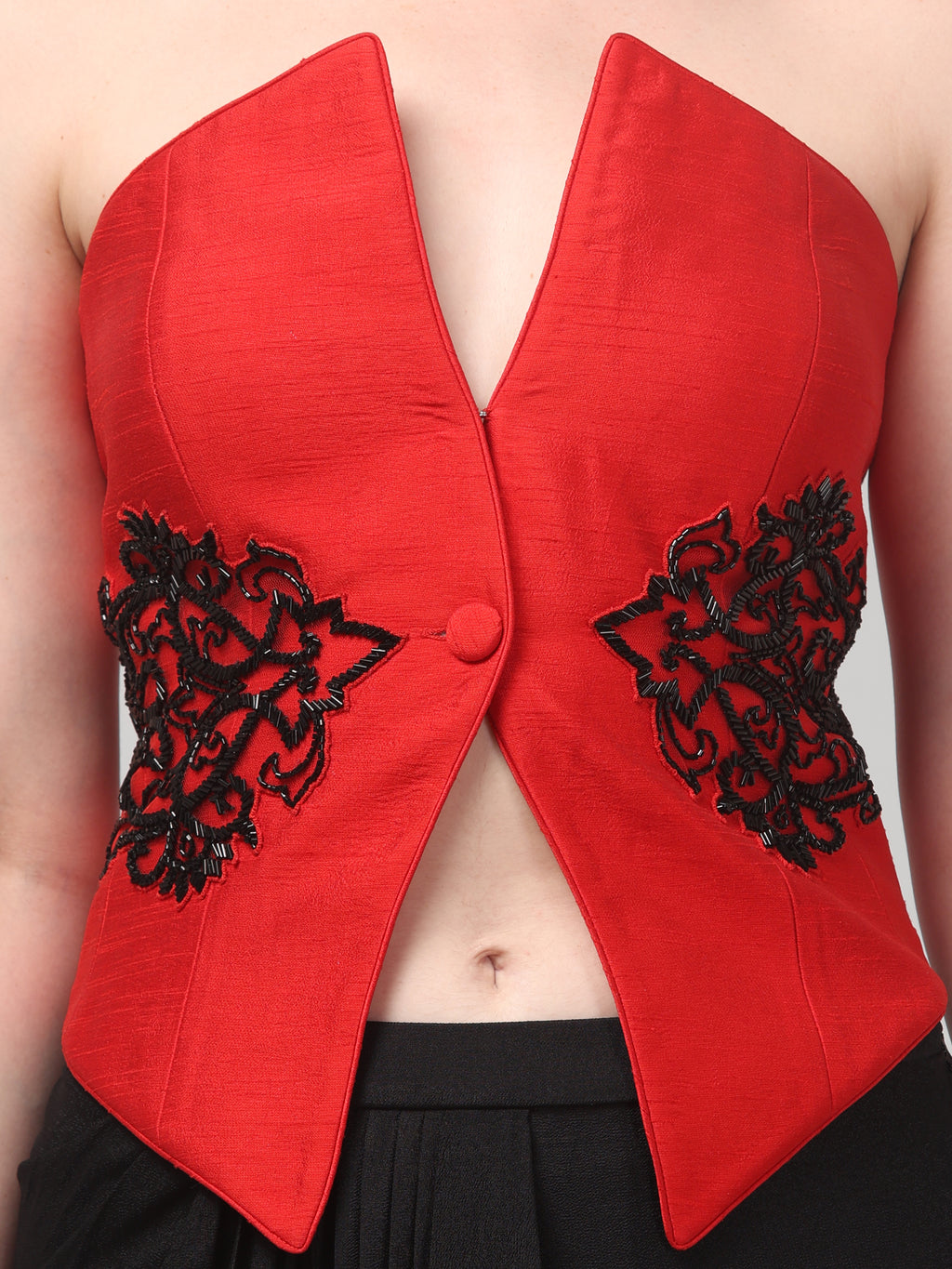 Red Embroidered Top with Draped Black Skirt