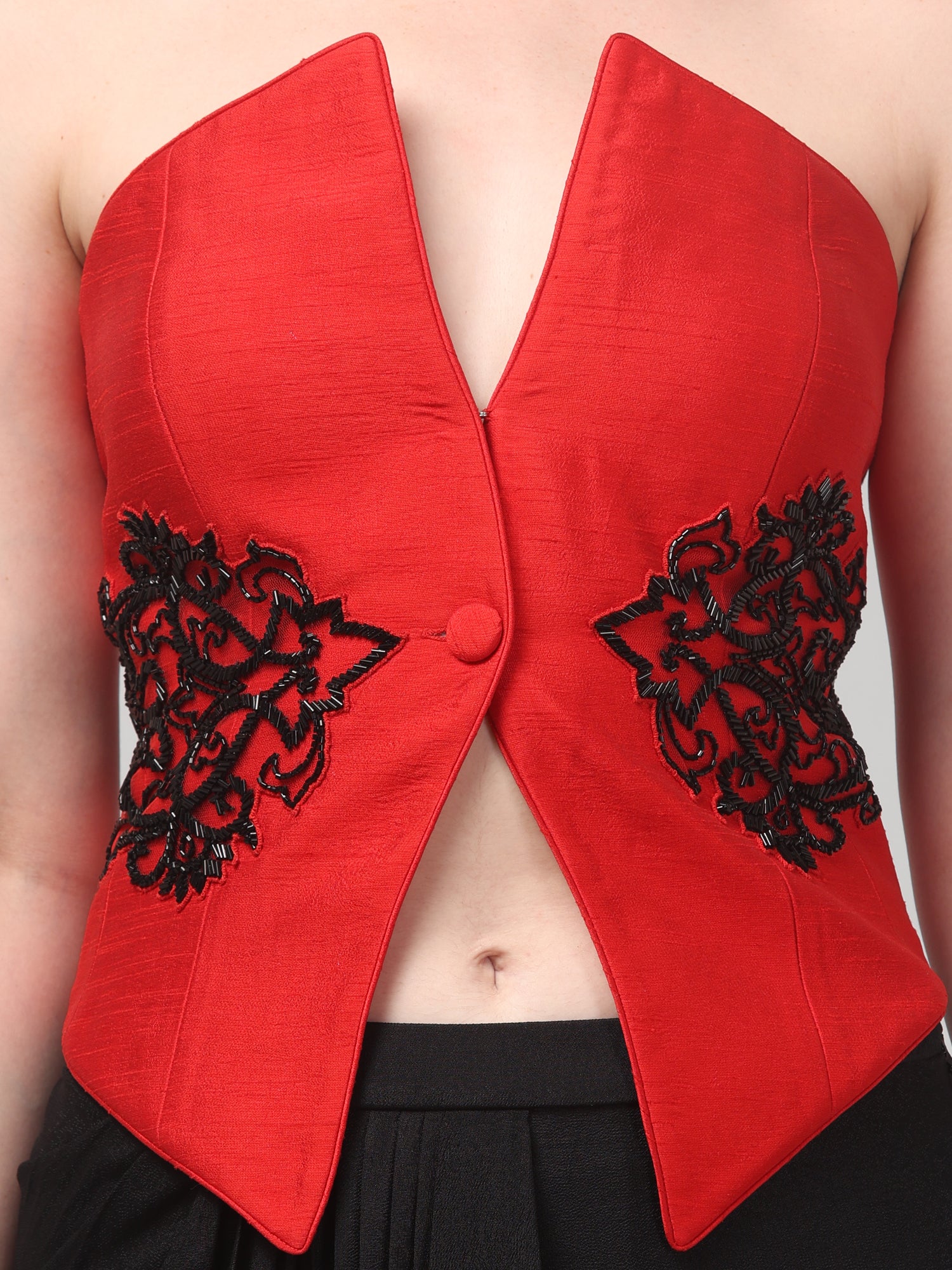 Red Embroidered Top with Draped Black Skirt