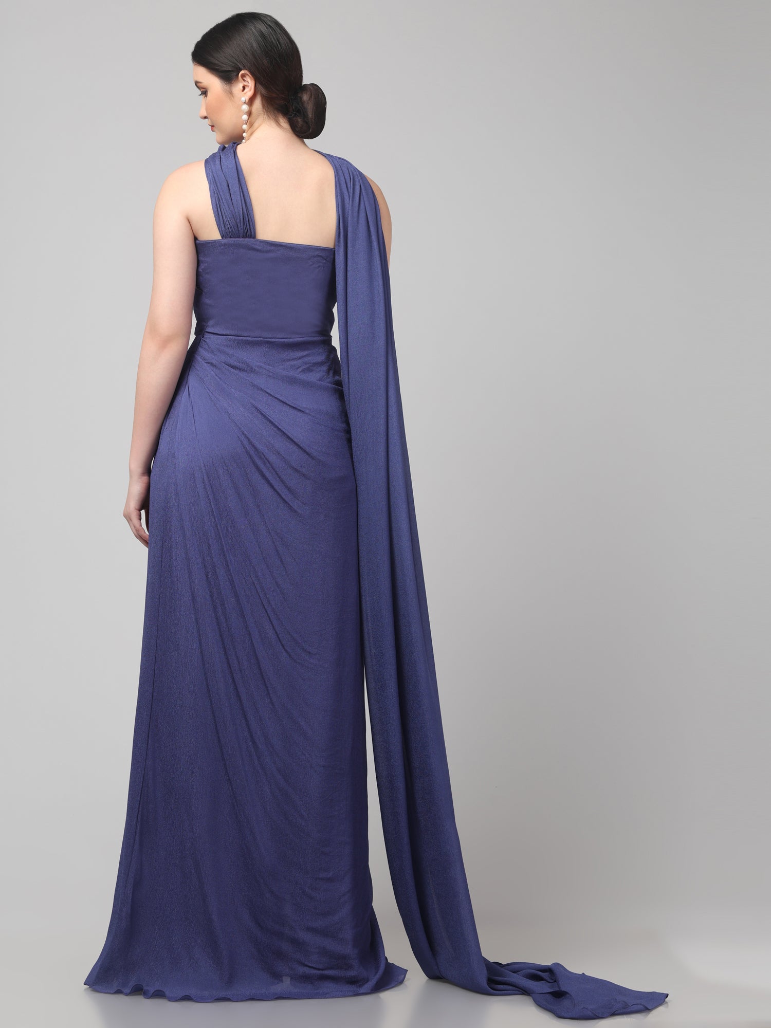 Royal Purple Embellished Strapless Saree Gown with Drape Detail