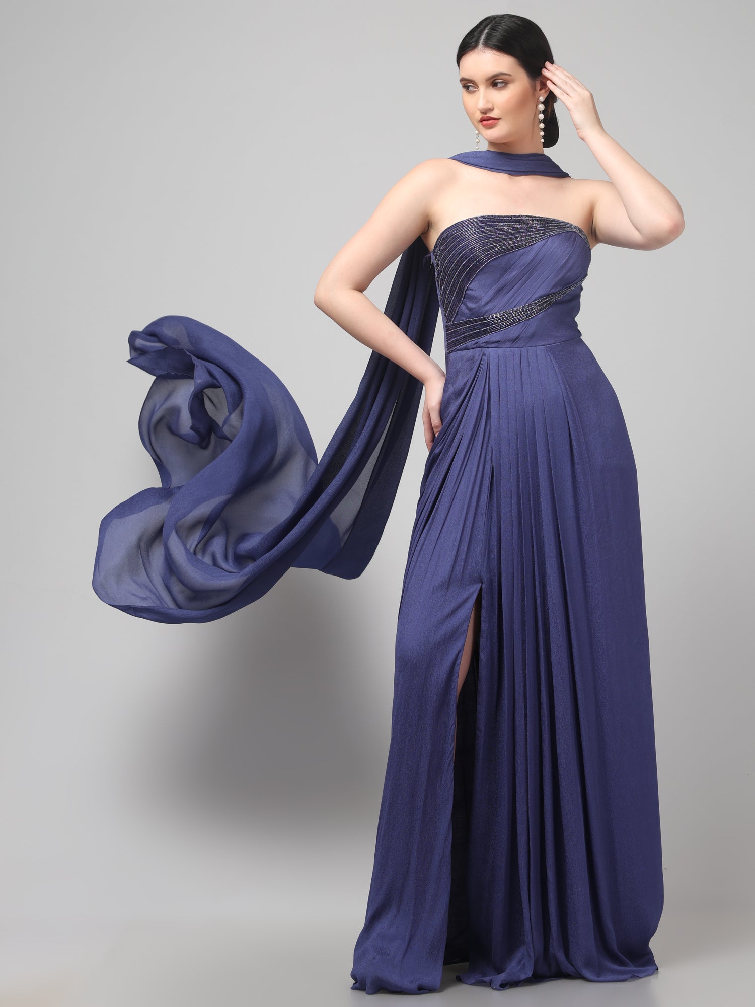 Royal Purple Embellished Strapless Saree Gown with Drape Detail