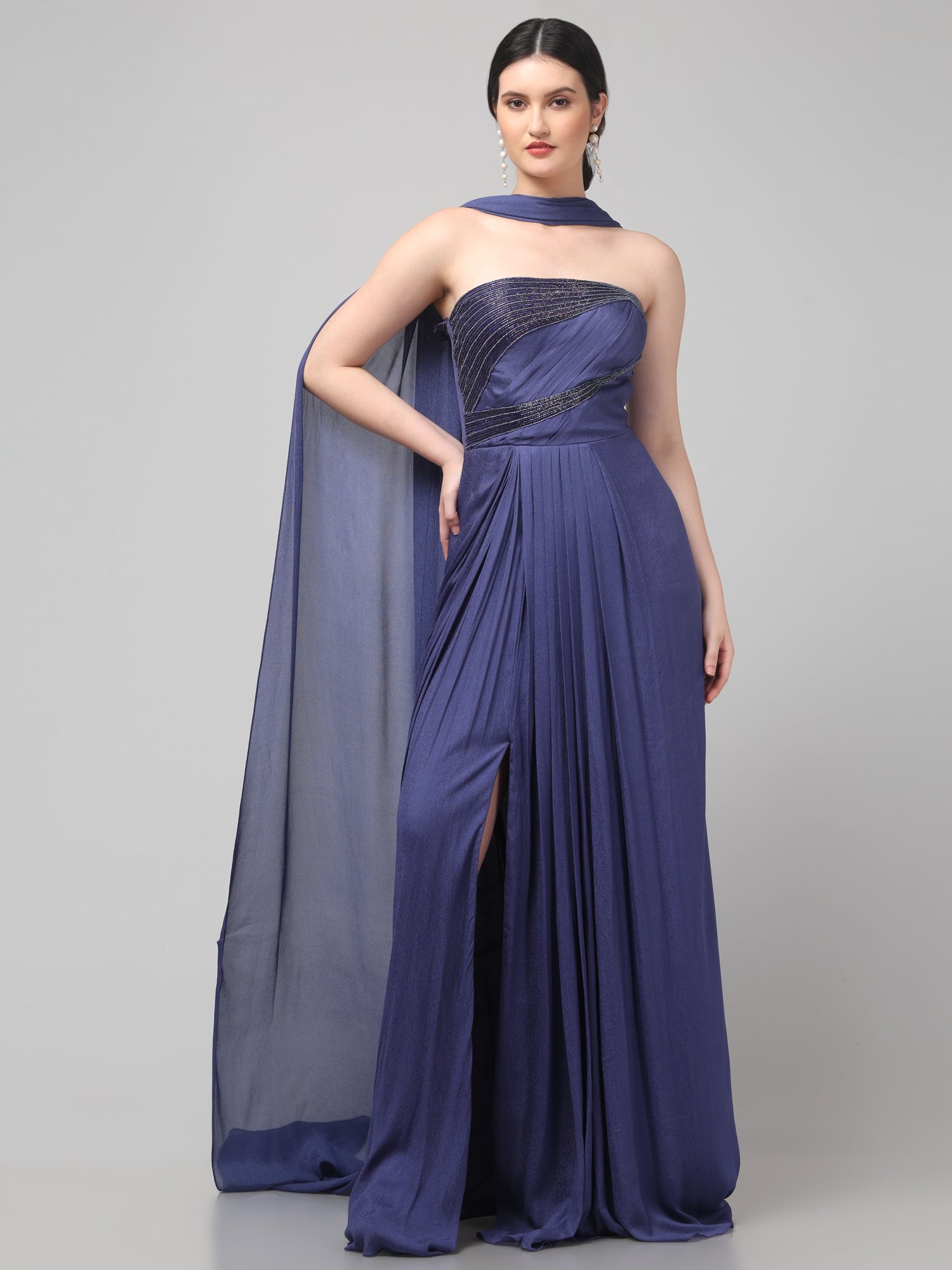 Royal Purple Embellished Strapless Saree Gown with Drape Detail