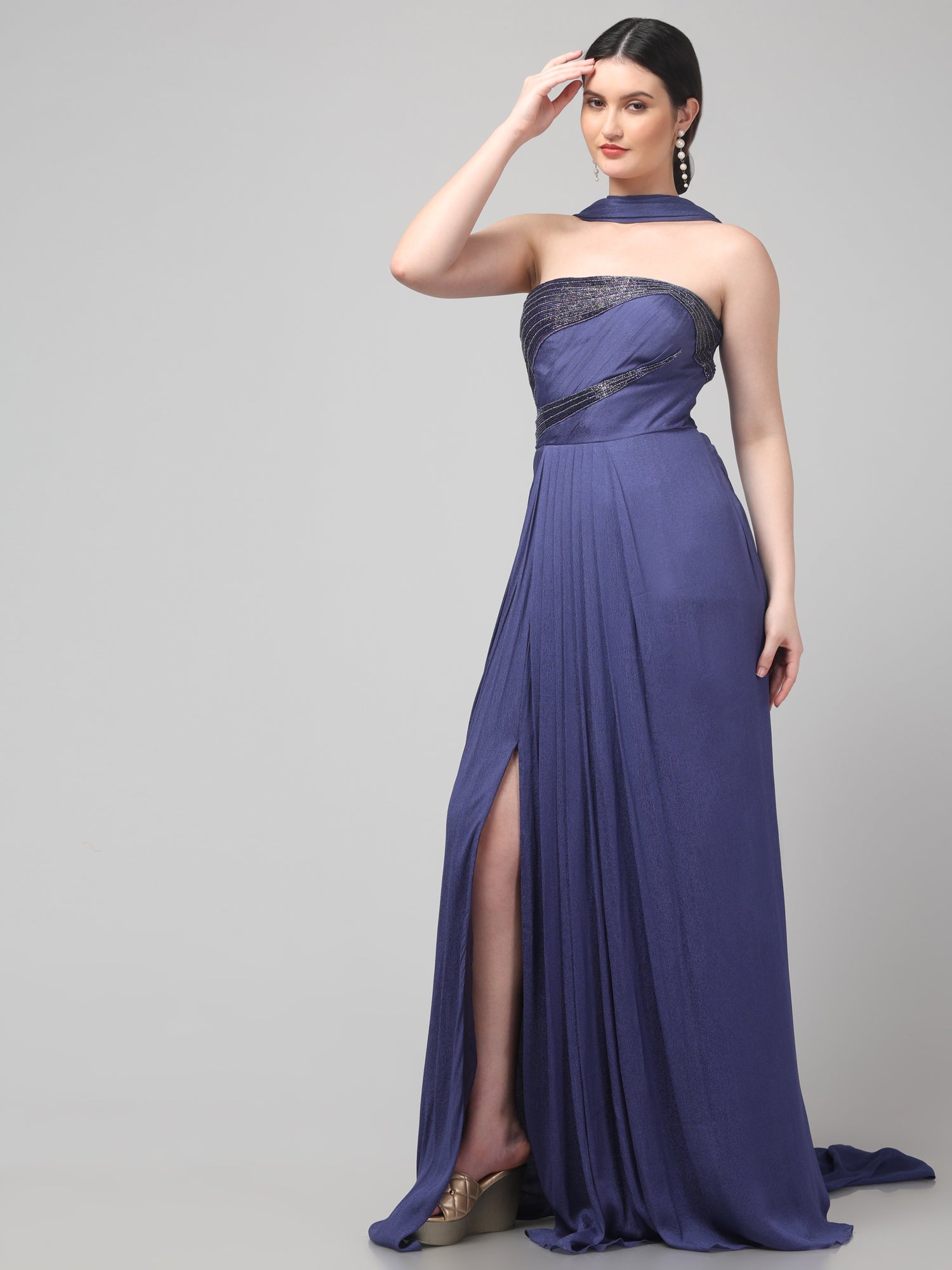 Royal Purple Embellished Strapless Saree Gown with Drape Detail