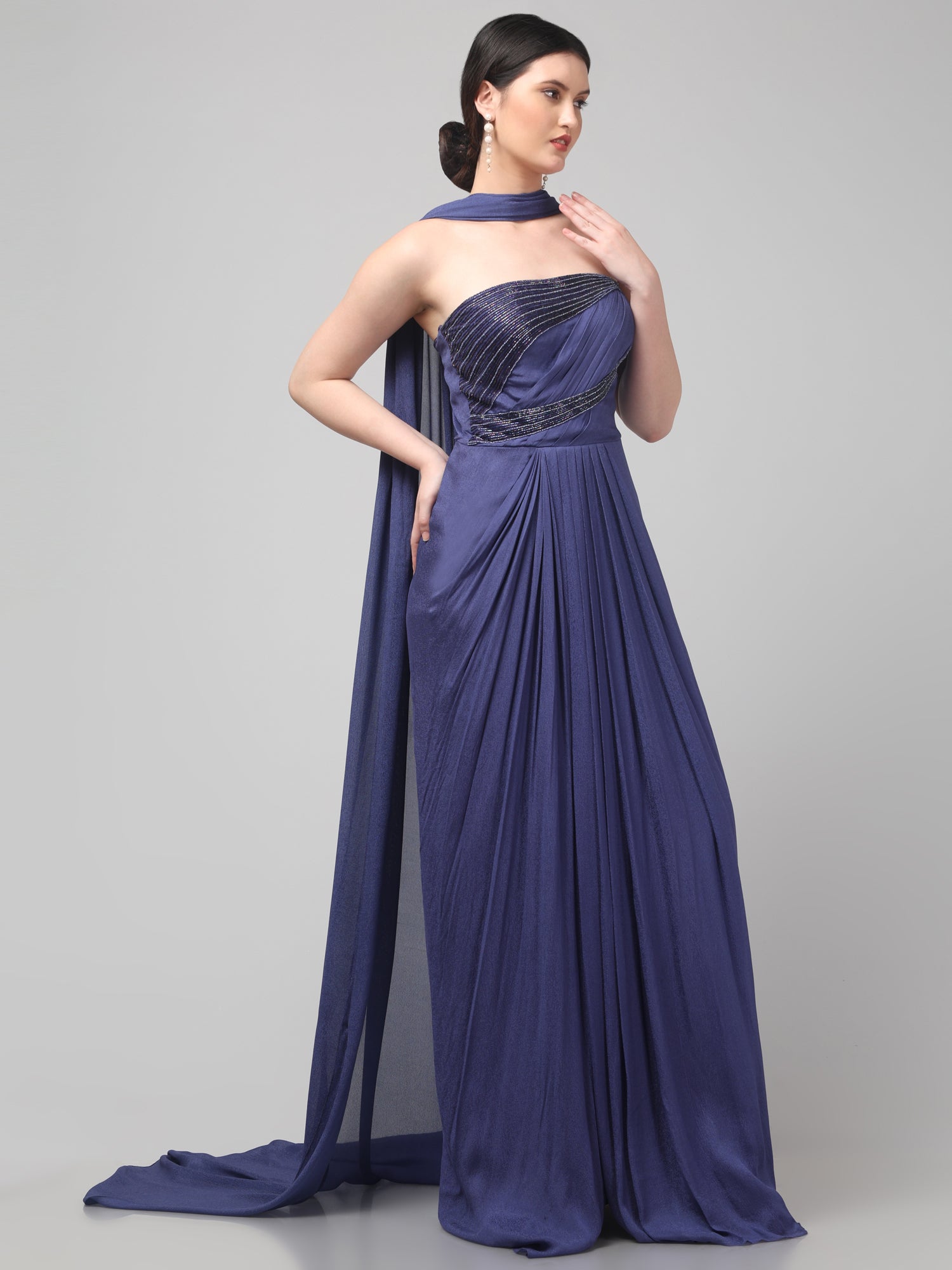 Royal Purple Embellished Strapless Saree Gown with Drape Detail