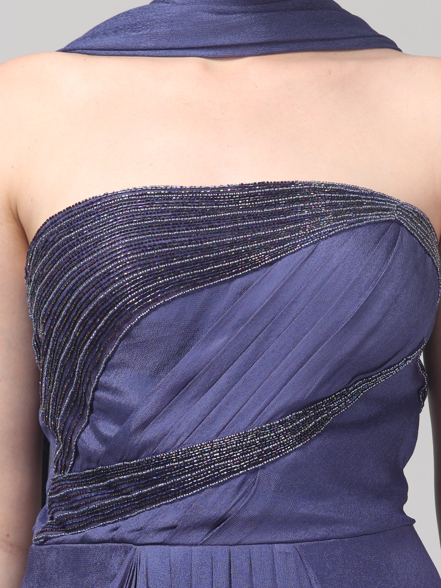 Royal Purple Embellished Strapless Saree Gown with Drape Detail