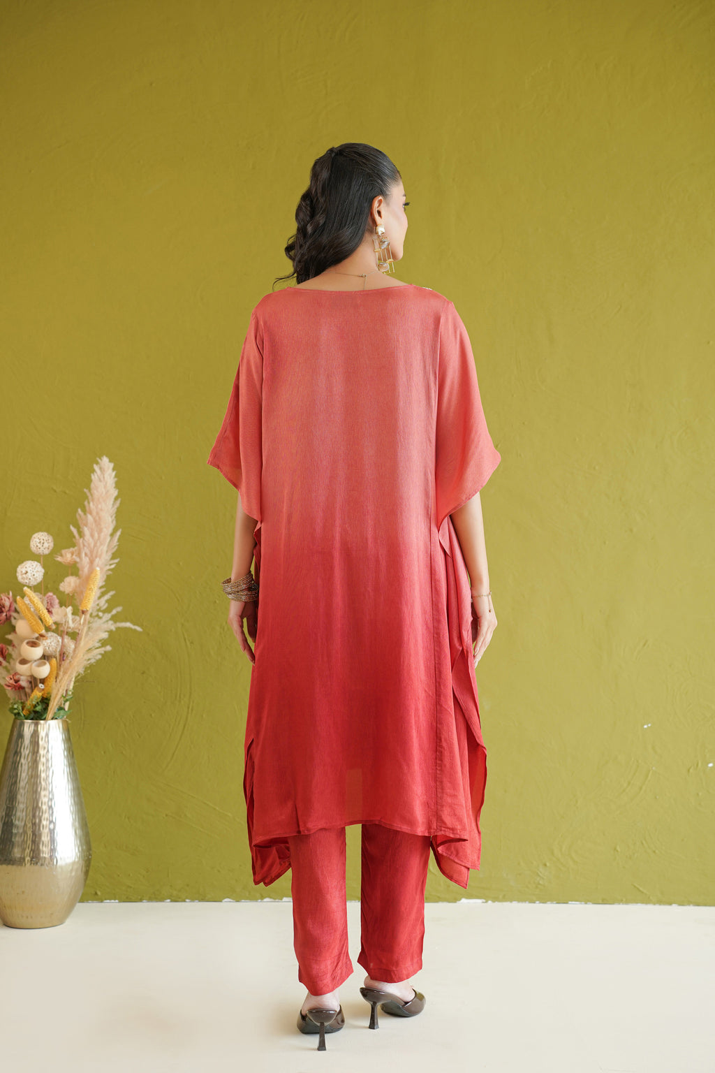 Red Ombre Floral Embroidered Kaftan Set