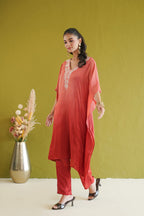 Red Ombre Floral Embroidered Kaftan Set