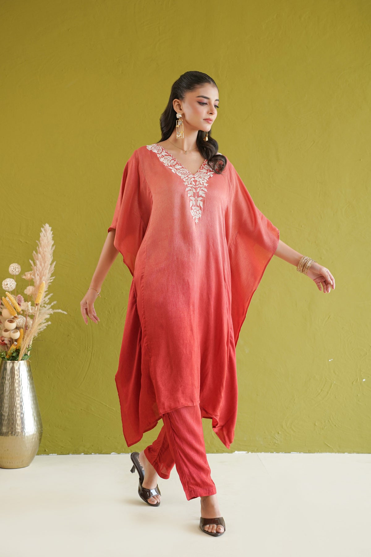 Red Ombre Floral Embroidered Kaftan Set