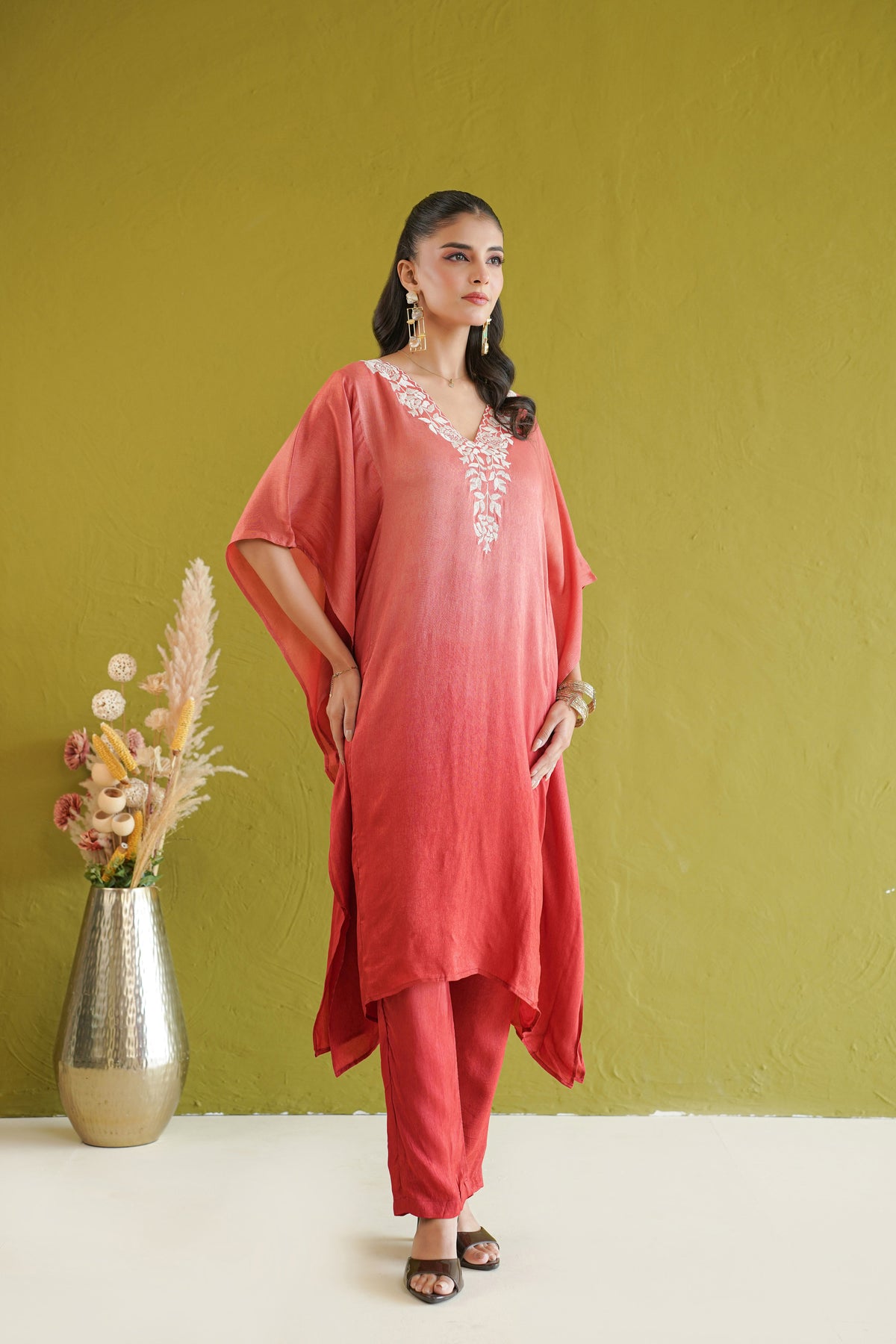 Red Ombre Floral Embroidered Kaftan Set