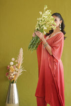 Red Ombre Floral Embroidered Kaftan Set