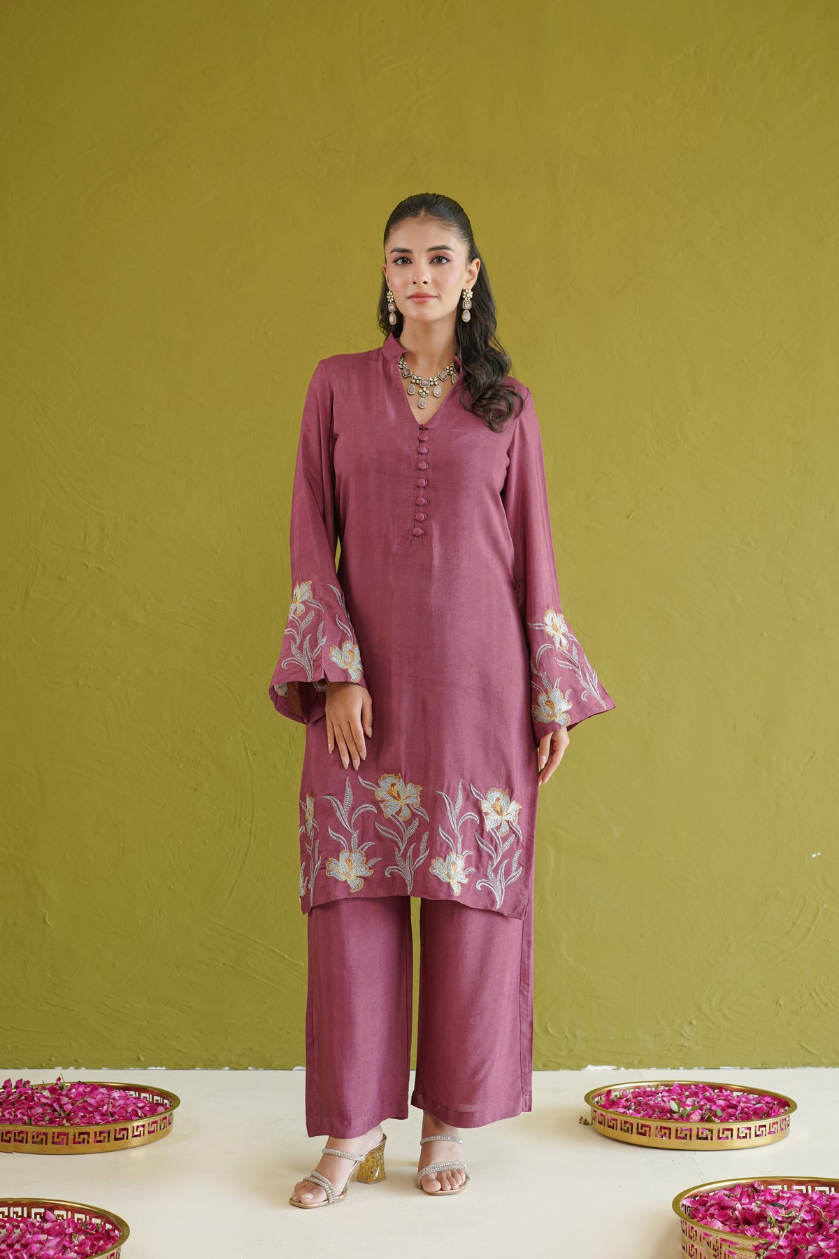 Berry Floral Embroidered Suit Set