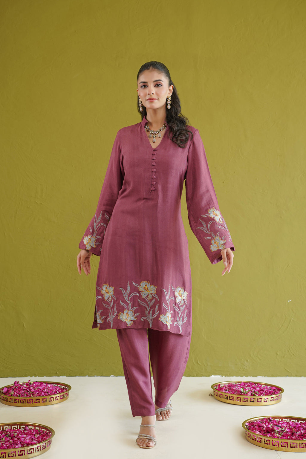 Berry Floral Embroidered Suit Set