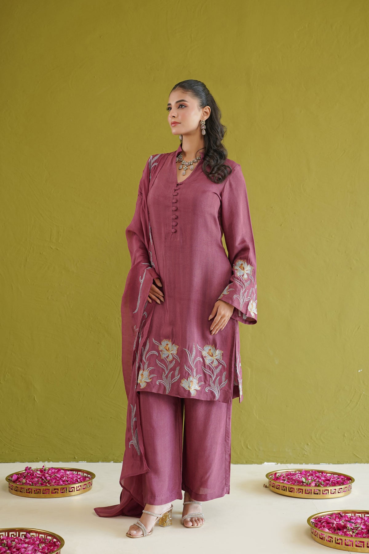 Berry Floral Embroidered Suit Set