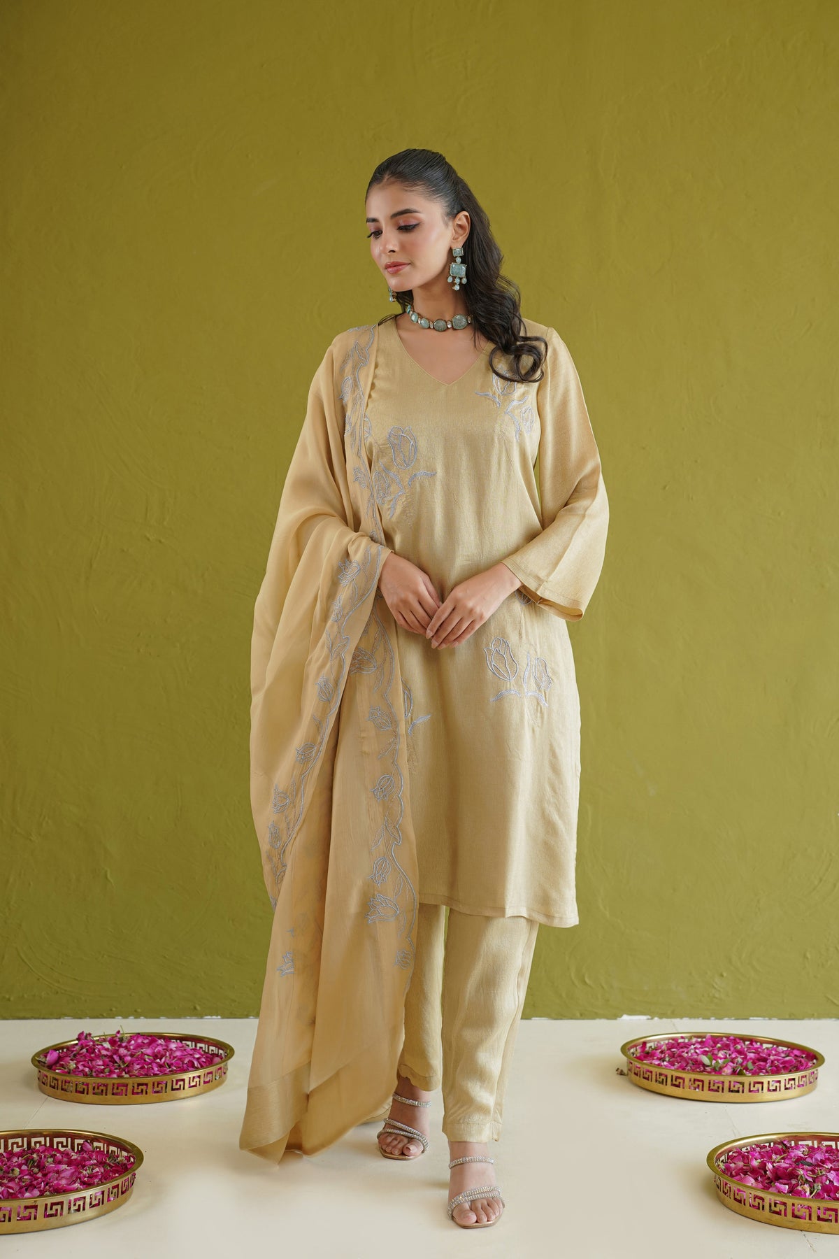 Sage Green Floral Embroidered Suit Set
