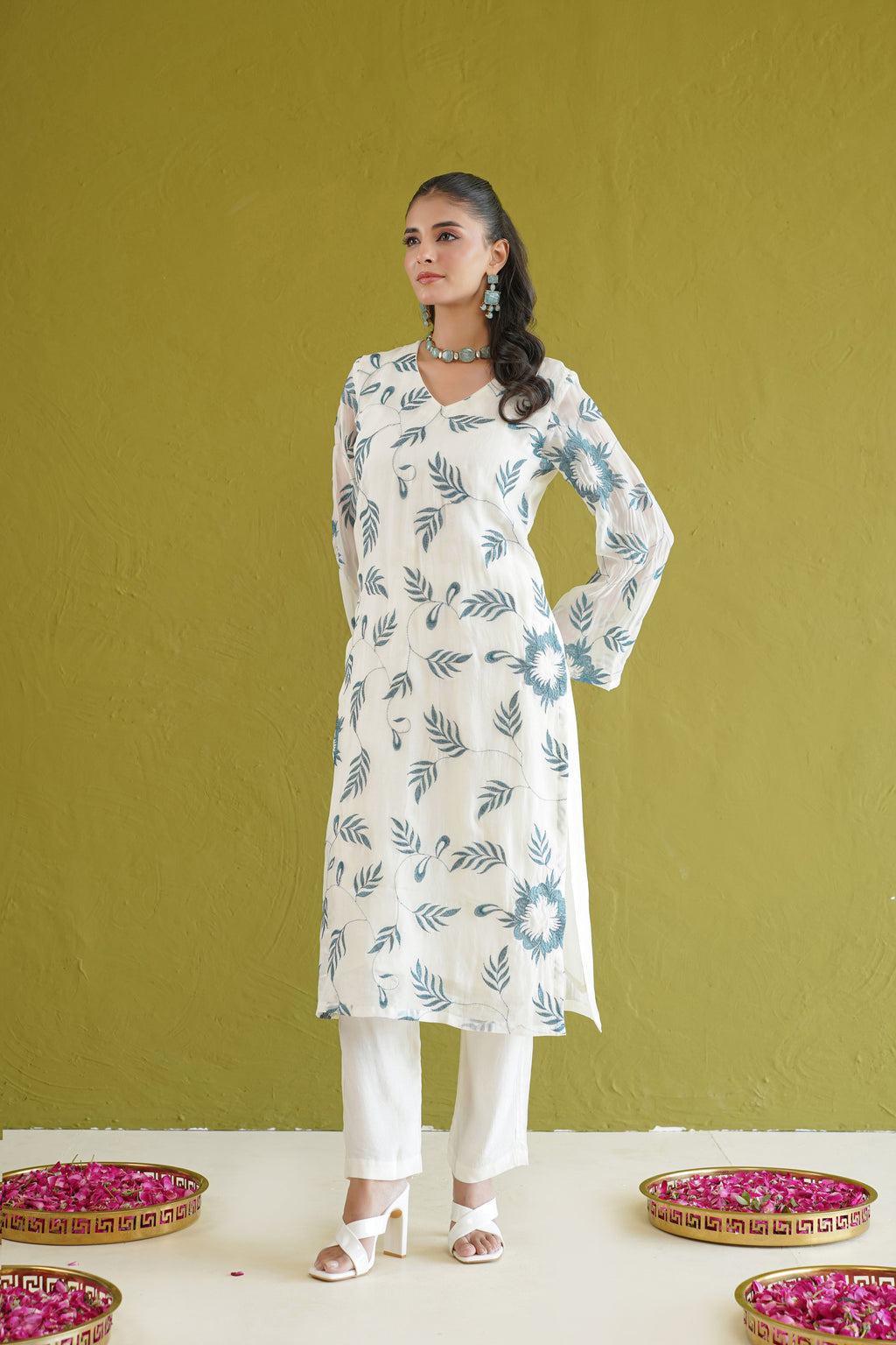 Ivory Blue Embroidered Suit Set