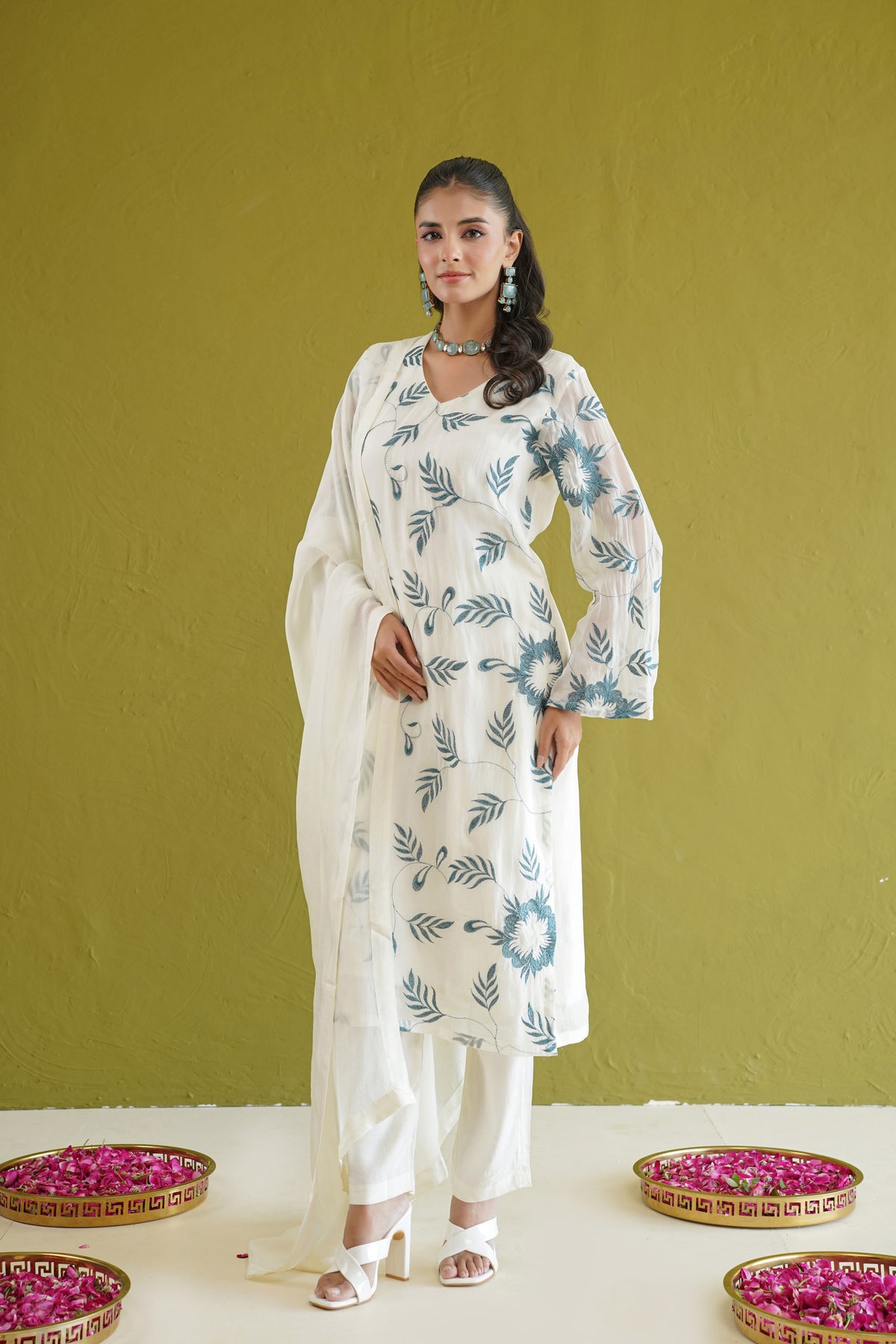 Ivory Blue Embroidered Suit Set