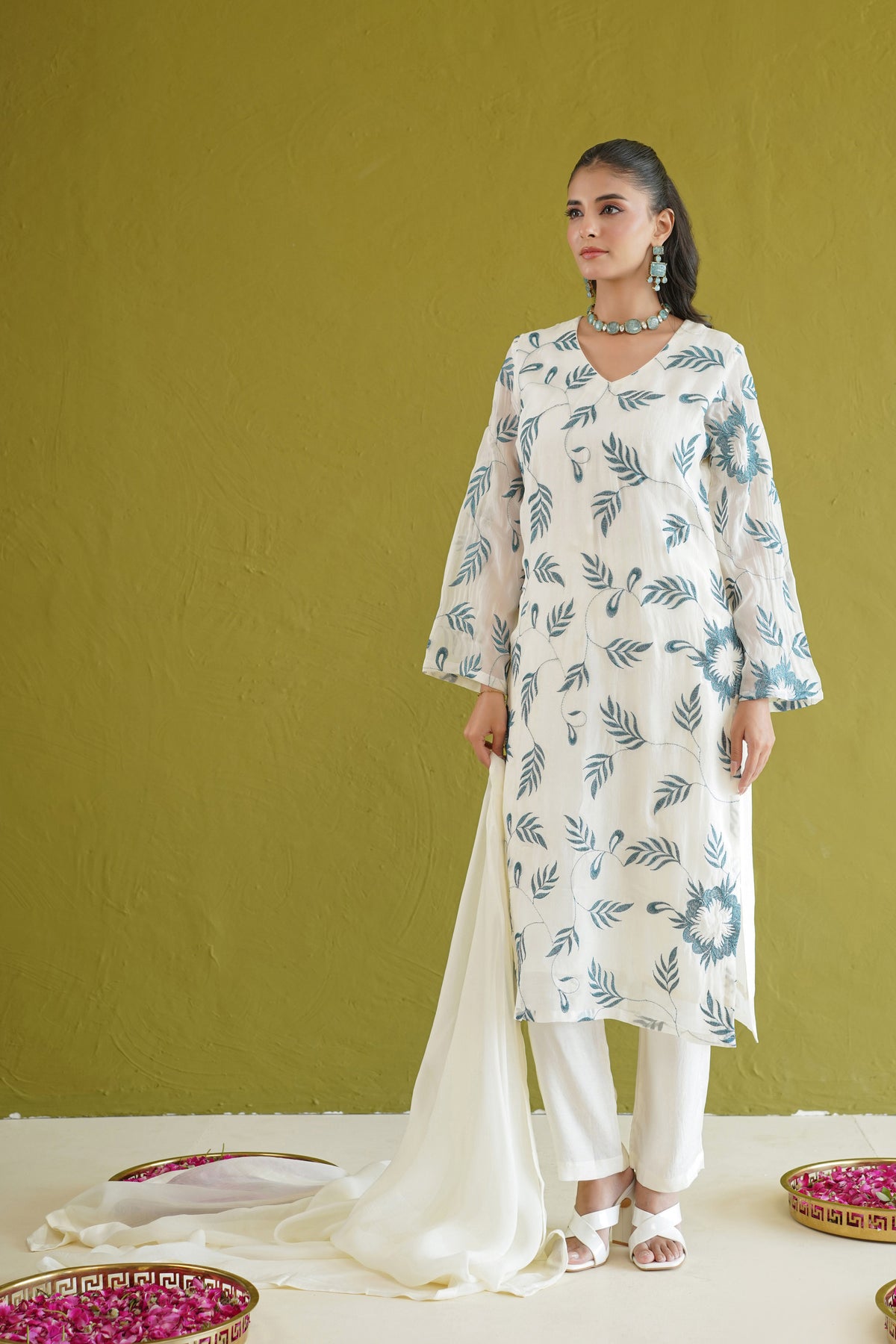 Ivory Blue Embroidered Suit Set