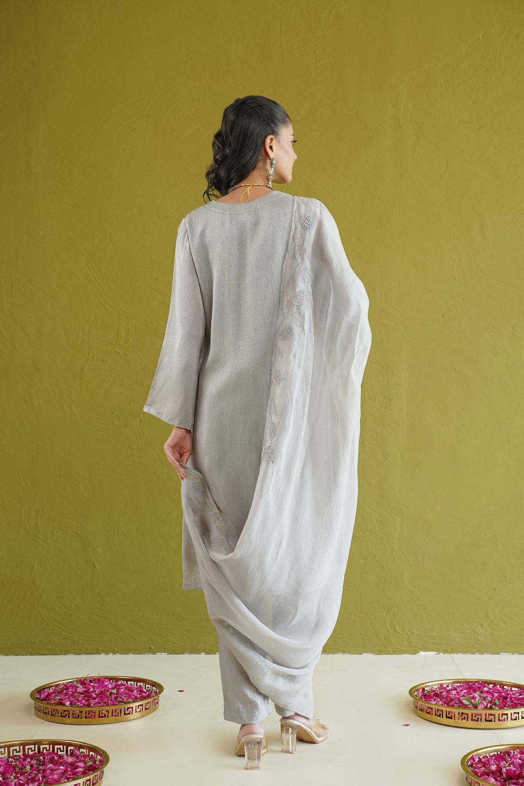 Grey Silk Embroidered Suit Set