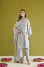 Grey Silk Embroidered Suit Set