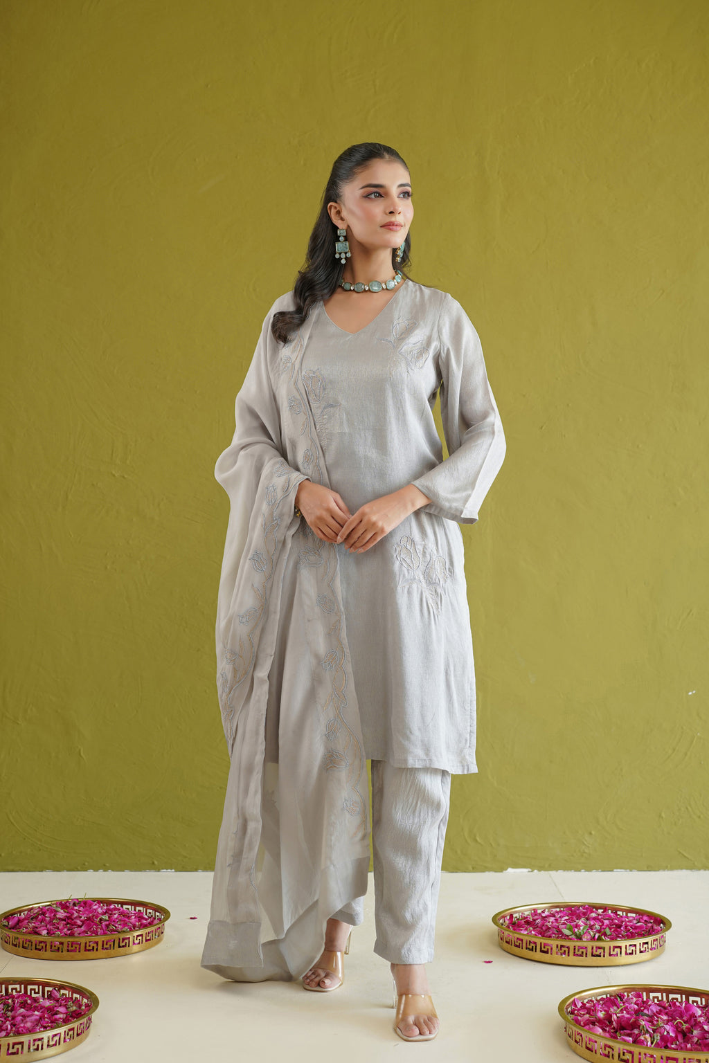 Grey Silk Embroidered Suit Set