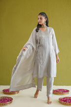 Grey Silk Embroidered Suit Set