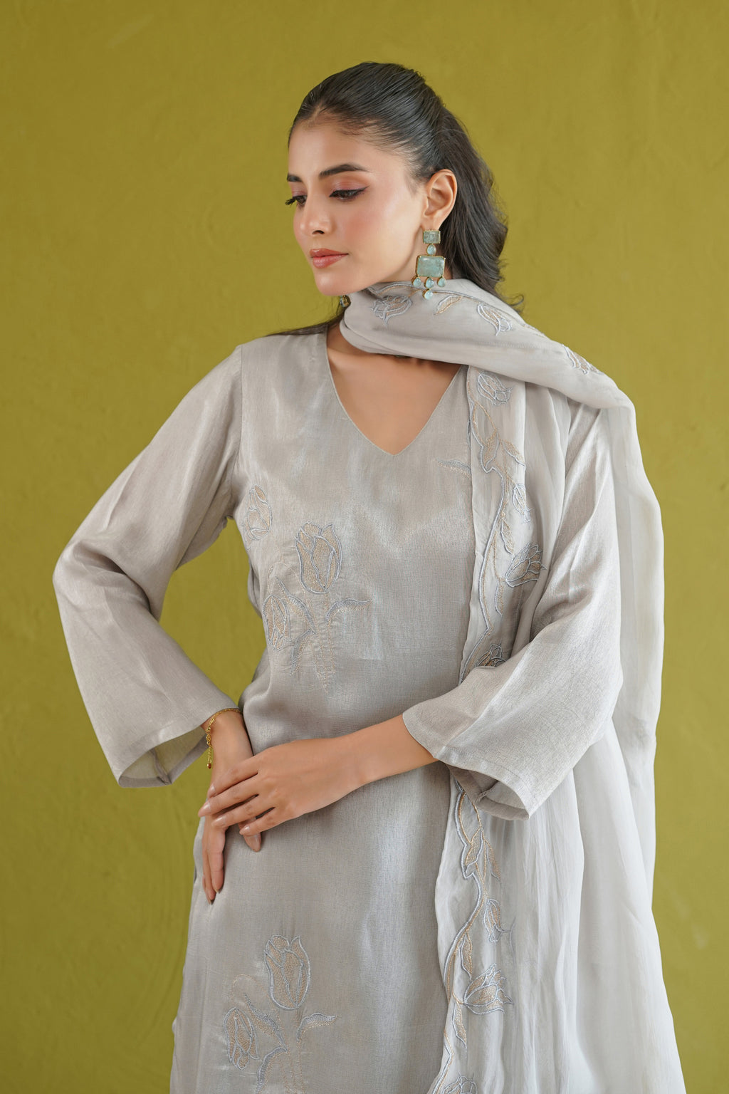 Grey Silk Embroidered Suit Set