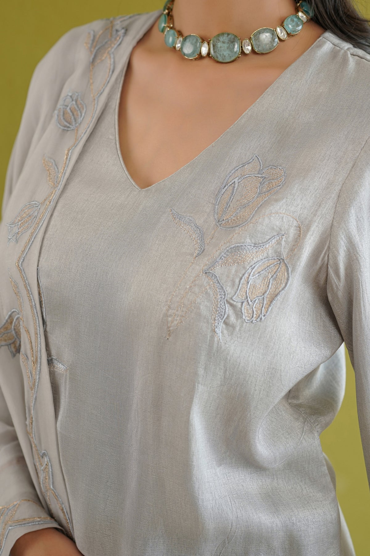 Grey Silk Embroidered Suit Set