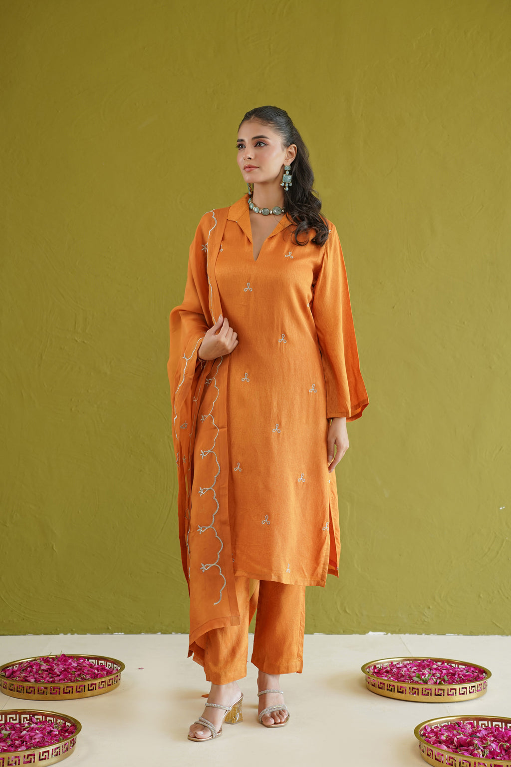 Burnt Orange Embroidered Tunic Set